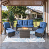 Belord 6-piece wicker patio conversation set with blue cushions, fire pit table, and swivel chairs in mixed gray wicker.
