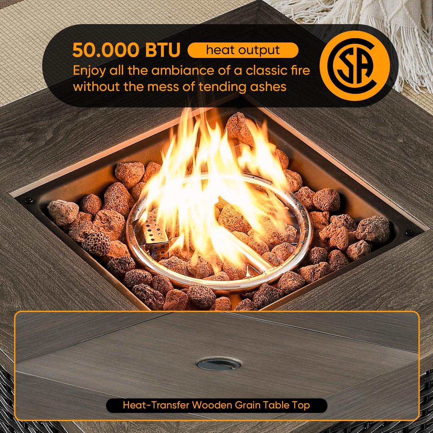 Luxury 7-Piece Outdoor Fire Pit Set - 4 Swivel Glider Chairs with 30" Propane Table & 6" Thick Cushions, Ovolo Series