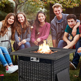 Belord 6-inch cushion patio fire pit set with high-back swivel chairs and rectangular fire table with wind guard in mixed grey.