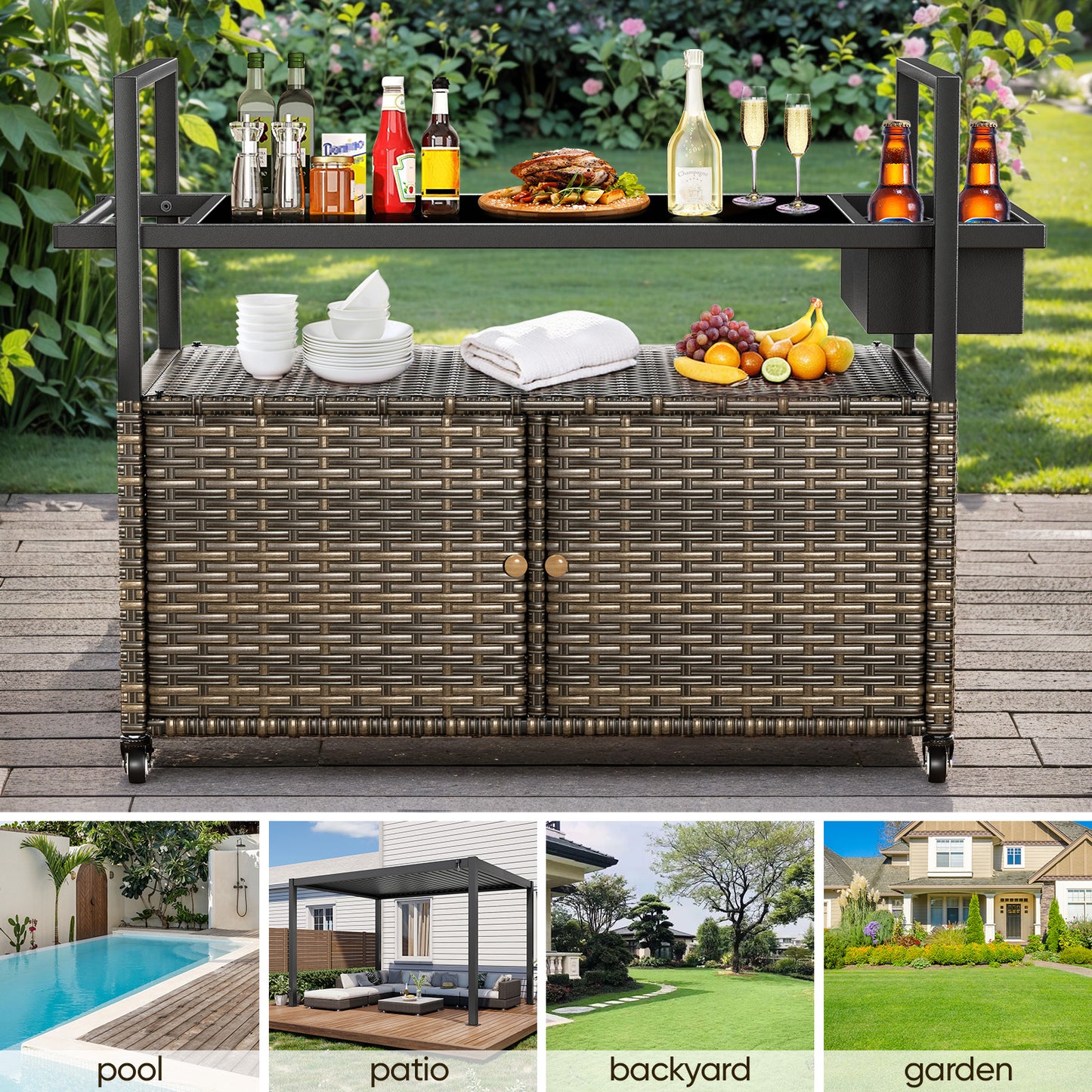Outdoor Wicker Bar Cart Table with 4 Lockable Directional Wheels & Removable Ice Bucket