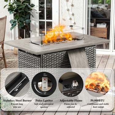 Belord upgraded 6-inch cushion small patio fire pit set with high-back swivel chairs and rectangular fire table with wind guard in mixed grey wicker