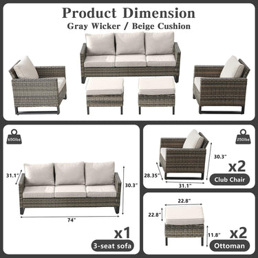 Patio Conversation Set 5-Piece with Sofa, Patio Chairs, and Ottoman, GRS Series - Belord