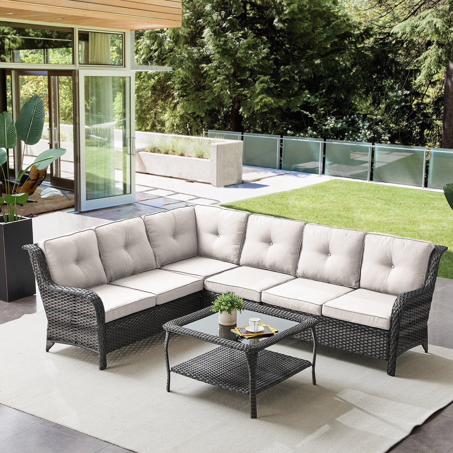 Save 40% - 7-Piece L-Shaped Patio Sectional Sofa Set + Wicker Coffee Table, NTC Series