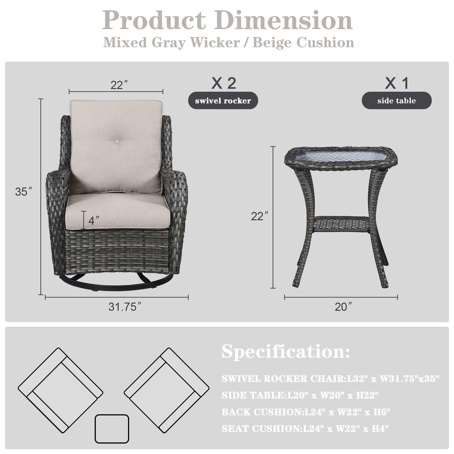 Save 40% - Swivel Glider Chairs Set with Side Table, NTC Series