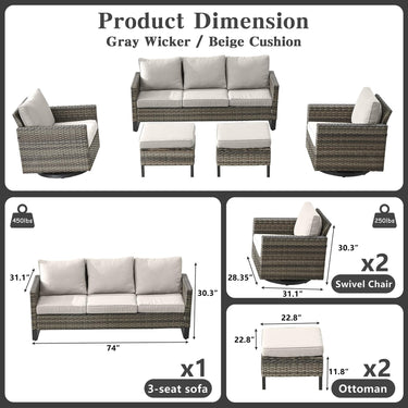 Patio Conversation Set 5-Piece with Sofa, Swivel Glider Chairs, and Ottoman, GRS Series - Belord