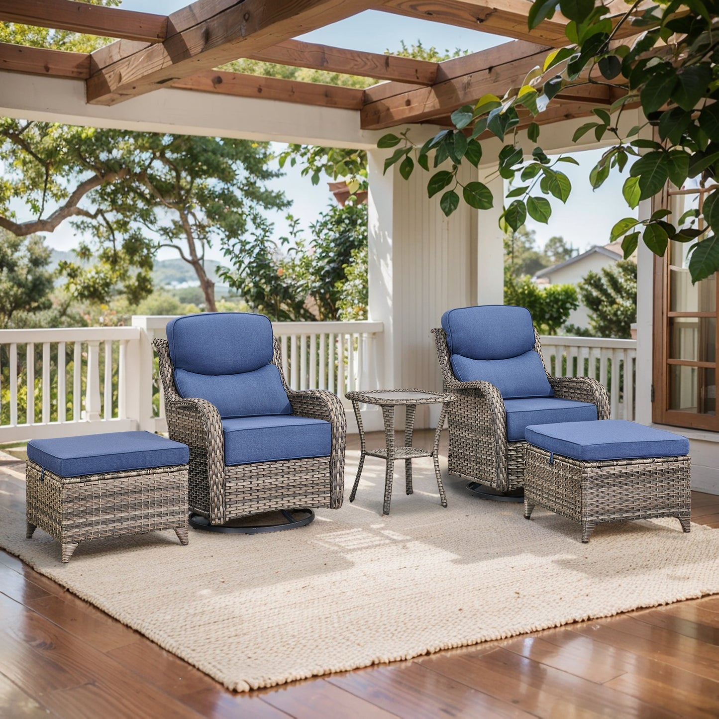 5-Piece Outdoor Wicker Conversation Set – 2 Swivel Glider Chairs with 6" Thick Cushions, 2 Ottomans & Side Table – High Back, NT Series