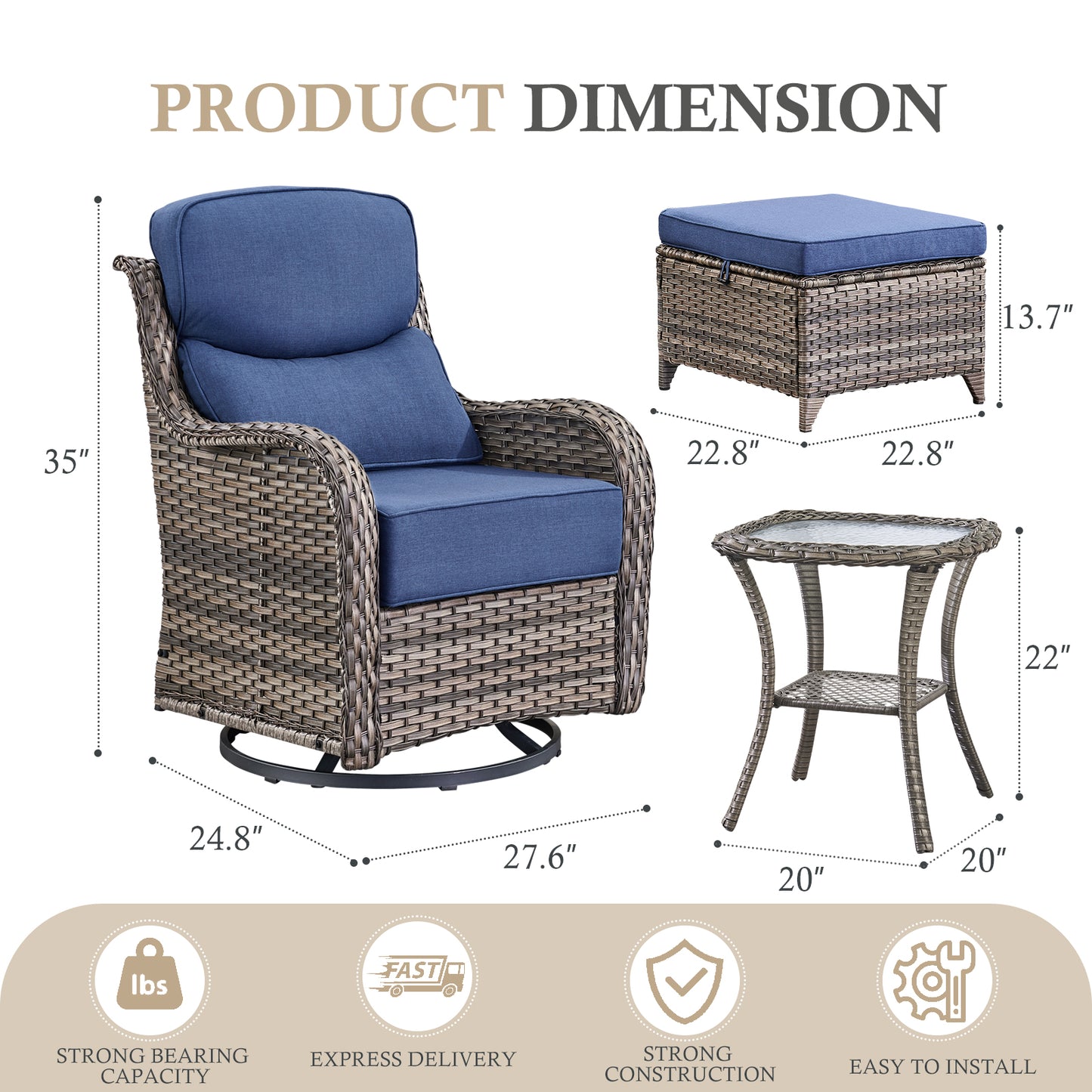 5-Piece Outdoor Wicker Conversation Set – 2 Swivel Glider Chairs with 6" Thick Cushions, 2 Ottomans & Side Table – High Back, NT Series