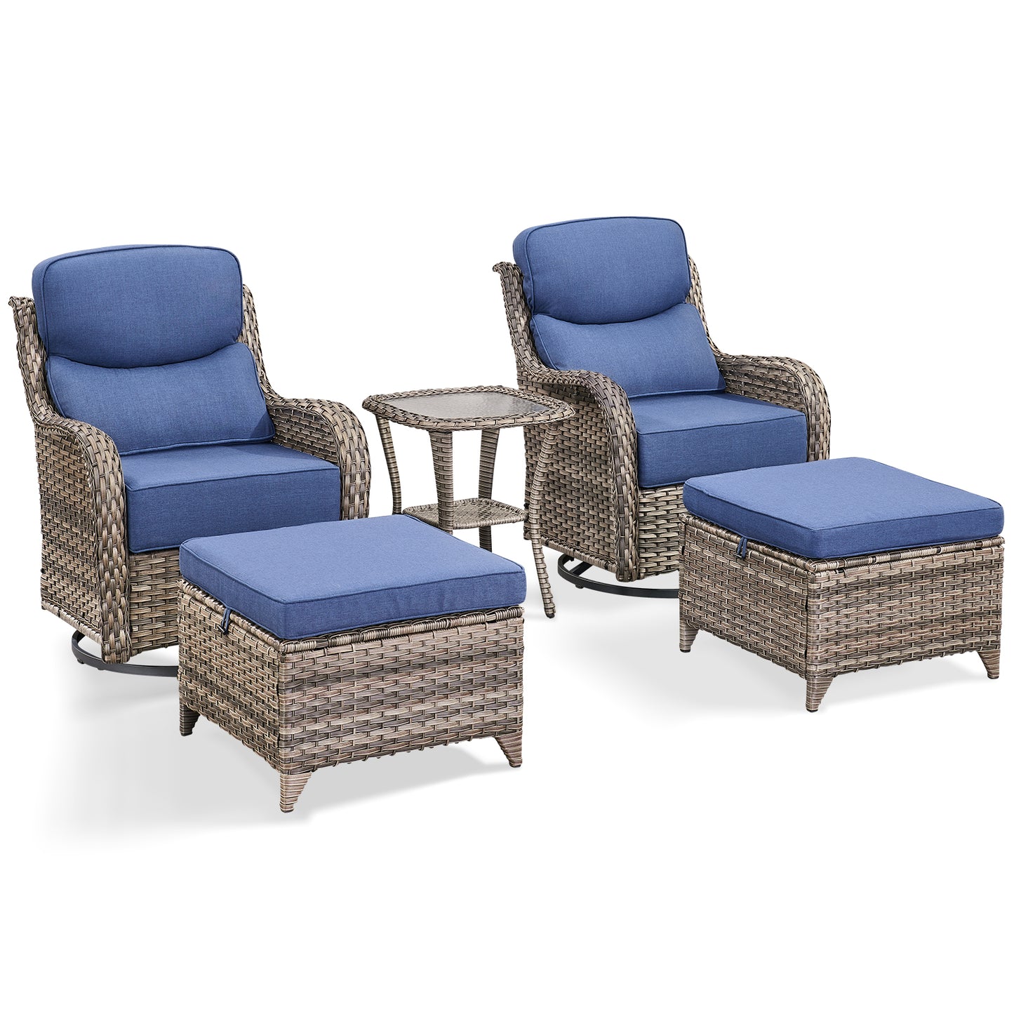 5-Piece Outdoor Wicker Conversation Set – 2 Swivel Glider Chairs with 6" Thick Cushions, 2 Ottomans & Side Table – High Back, NT Series