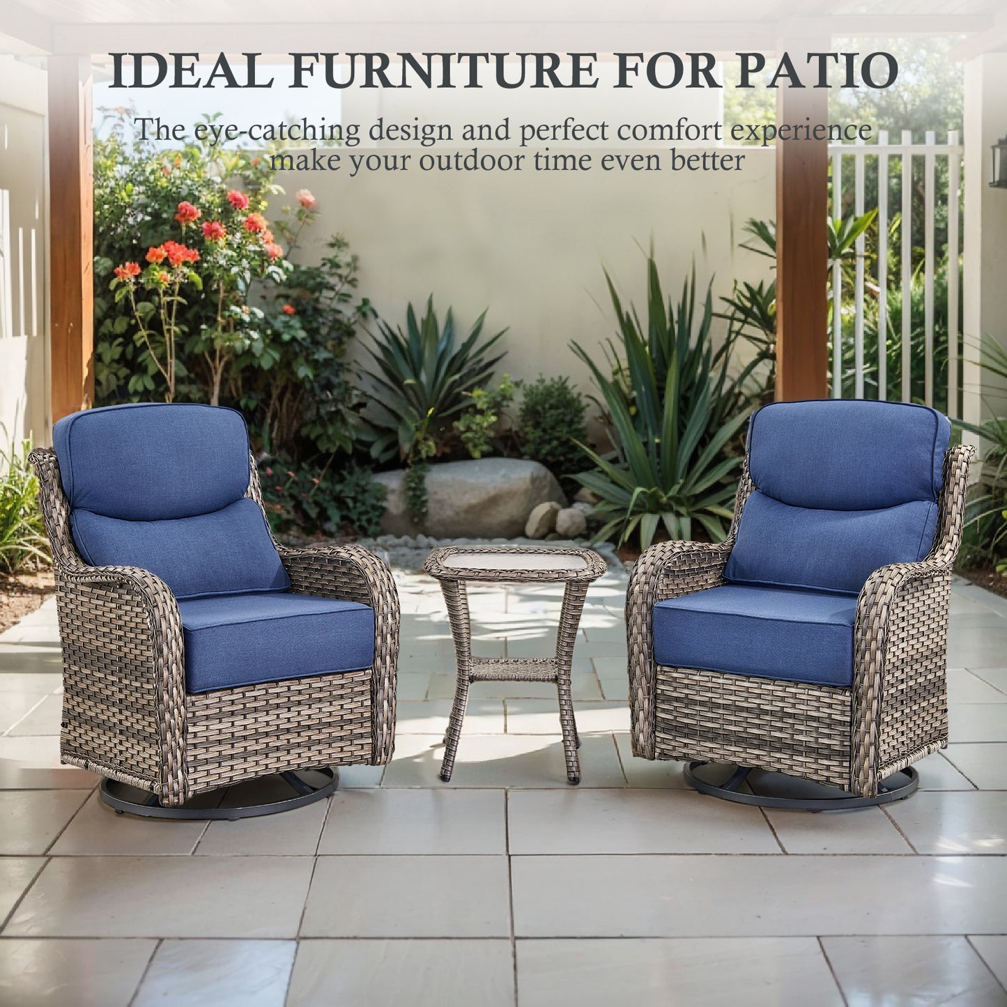 5-Piece Outdoor Wicker Conversation Set – 2 Swivel Glider Chairs with 6" Thick Cushions, 2 Ottomans & Side Table – High Back, NT Series