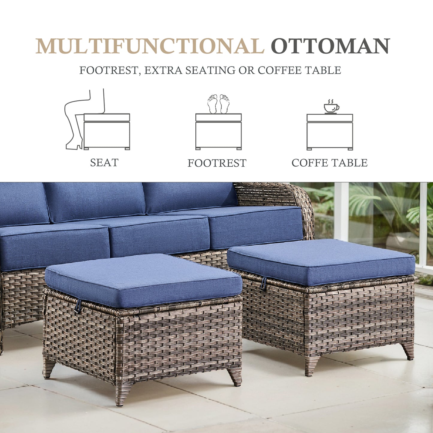 5-Piece Outdoor Wicker Conversation Set – 2 Swivel Glider Chairs with 6" Thick Cushions, 2 Ottomans & Side Table – High Back, NT Series