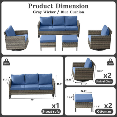 Patio Conversation Set 5-Piece with Sofa, Swivel Glider Chairs, and Ottoman, GRS Series - Belord