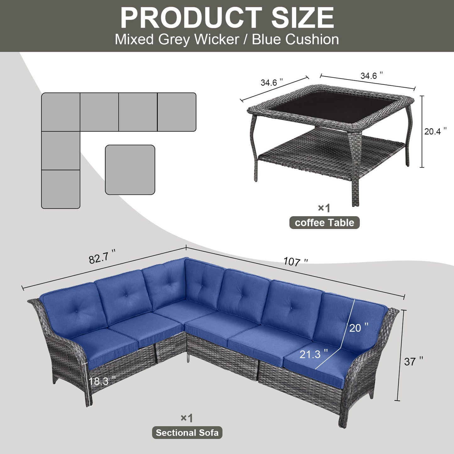 Save 40% - 7-Piece L-Shaped Patio Sectional Sofa Set + Wicker Coffee Table, NTC Series
