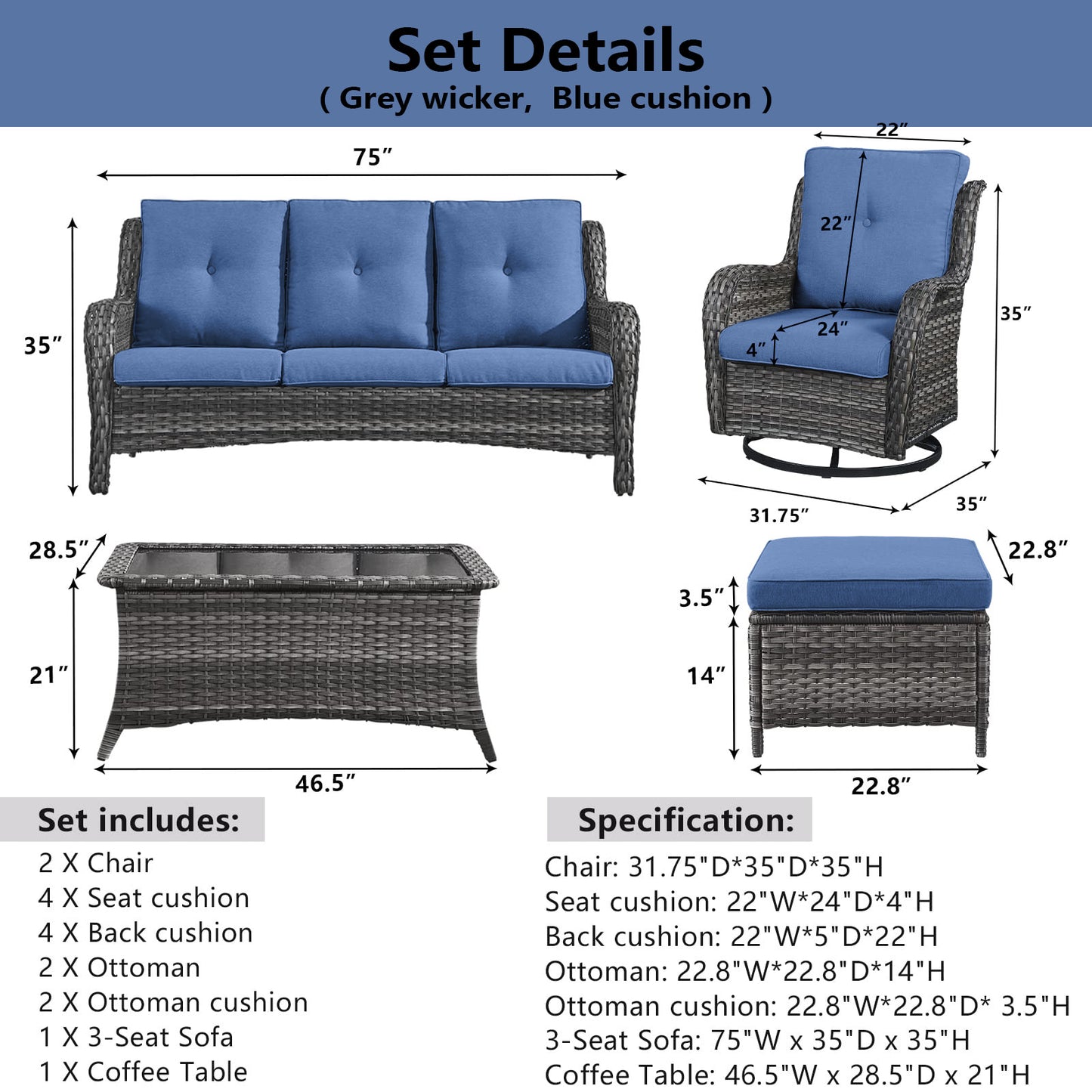 Patio Conversation Set 6-Piece with Sofa, 2-Swivel Glider Chairs, Coffee Table, and 2-Ottoman, NTC Series - B2B Wholesale