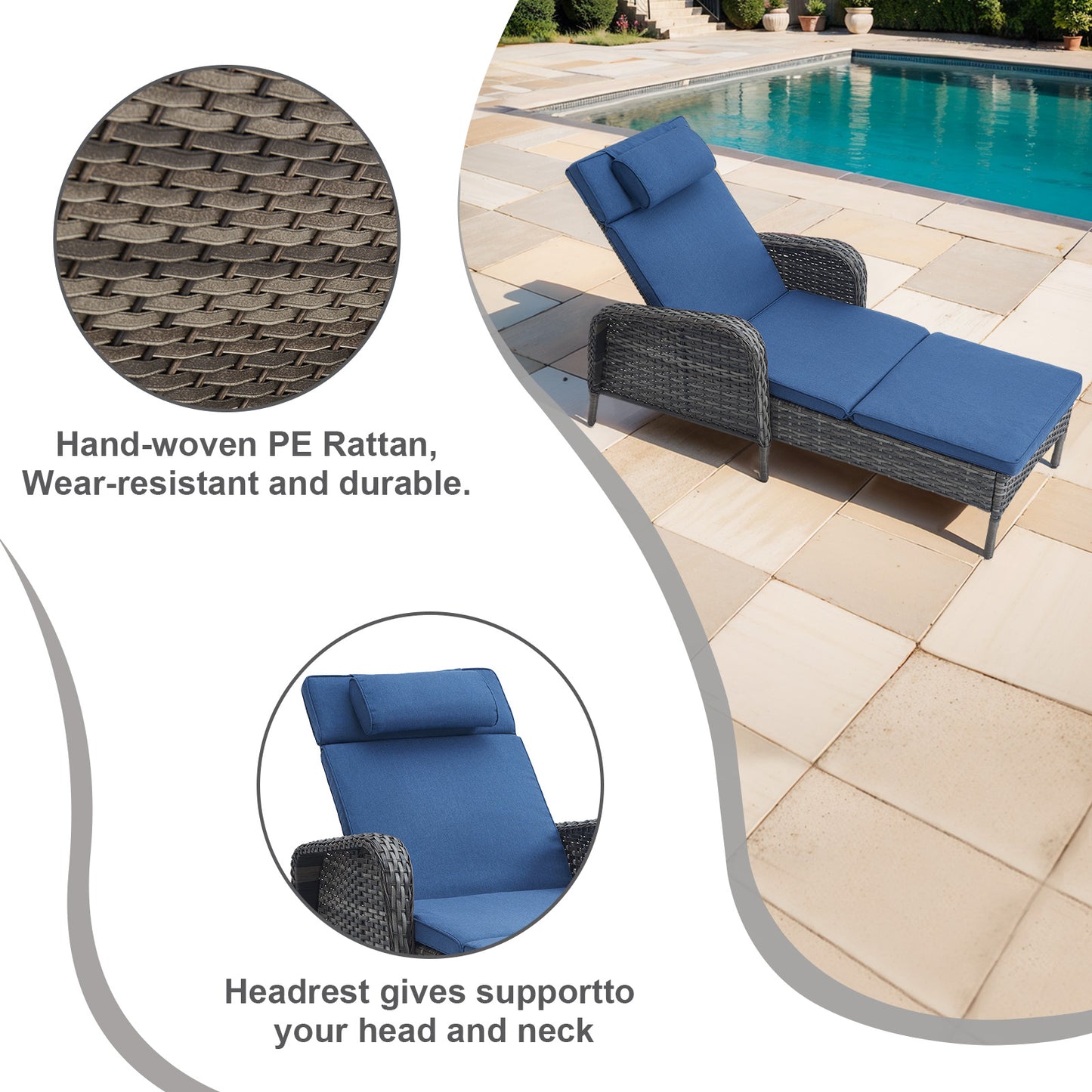 3-Piece Outdoor Wicker Lounge Set – 2 Adjustable 75" Chaise Lounges + Side Table, All-Weather Rattan, NTC Series
