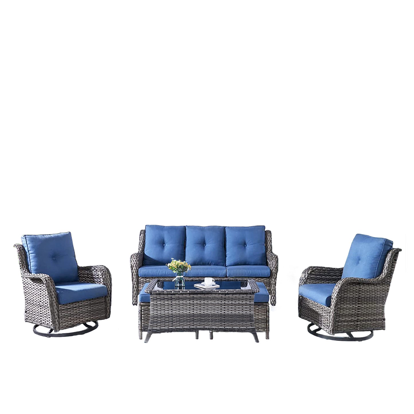 Patio Conversation Set 6-Piece with Sofa, 2-Swivel Glider Chairs, Coffee Table, and 2-Ottoman, NTC Series - B2B Wholesale