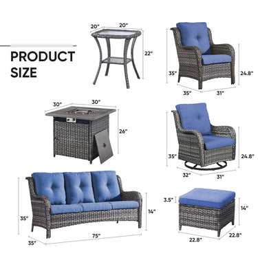 Patio Conversation Set 9-Piece with Fire Pit Table, Swivel Glider Chairs, Patio Chairs, Sofa, Side Table and Ottoman, NTC Series - Belord