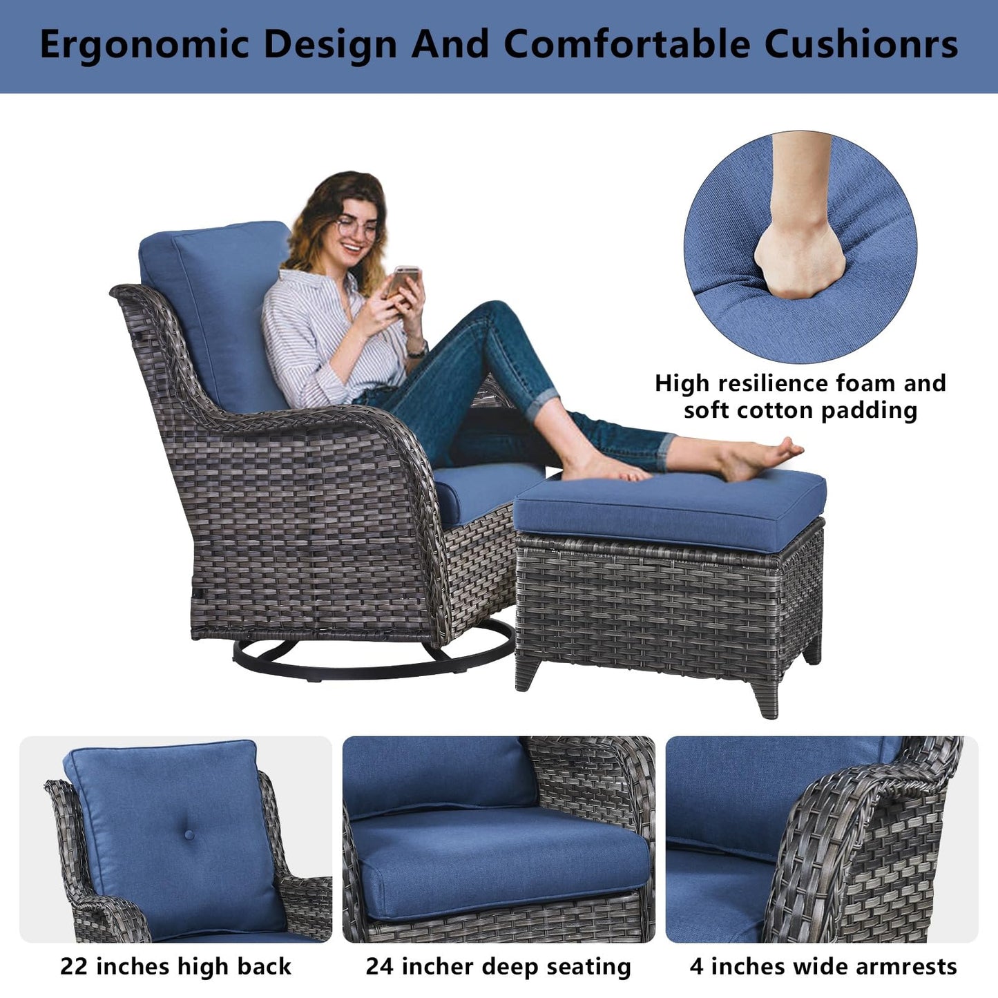 Patio Conversation Set 6-Piece with Sofa, 2-Swivel Glider Chairs, Coffee Table, and 2-Ottoman, NTC Series - B2B Wholesale