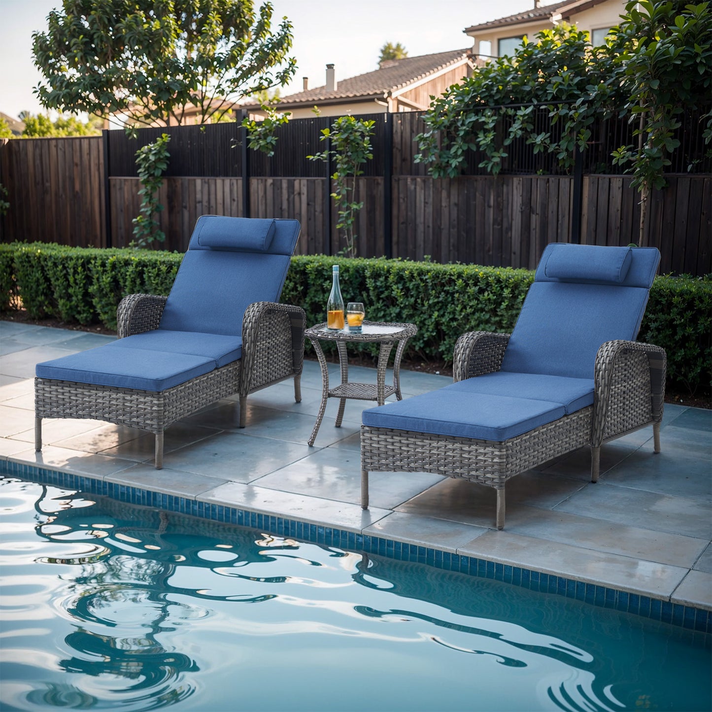 3-Piece Outdoor Wicker Lounge Set – 2 Adjustable 75" Chaise Lounges + Side Table, All-Weather Rattan, NTC Series