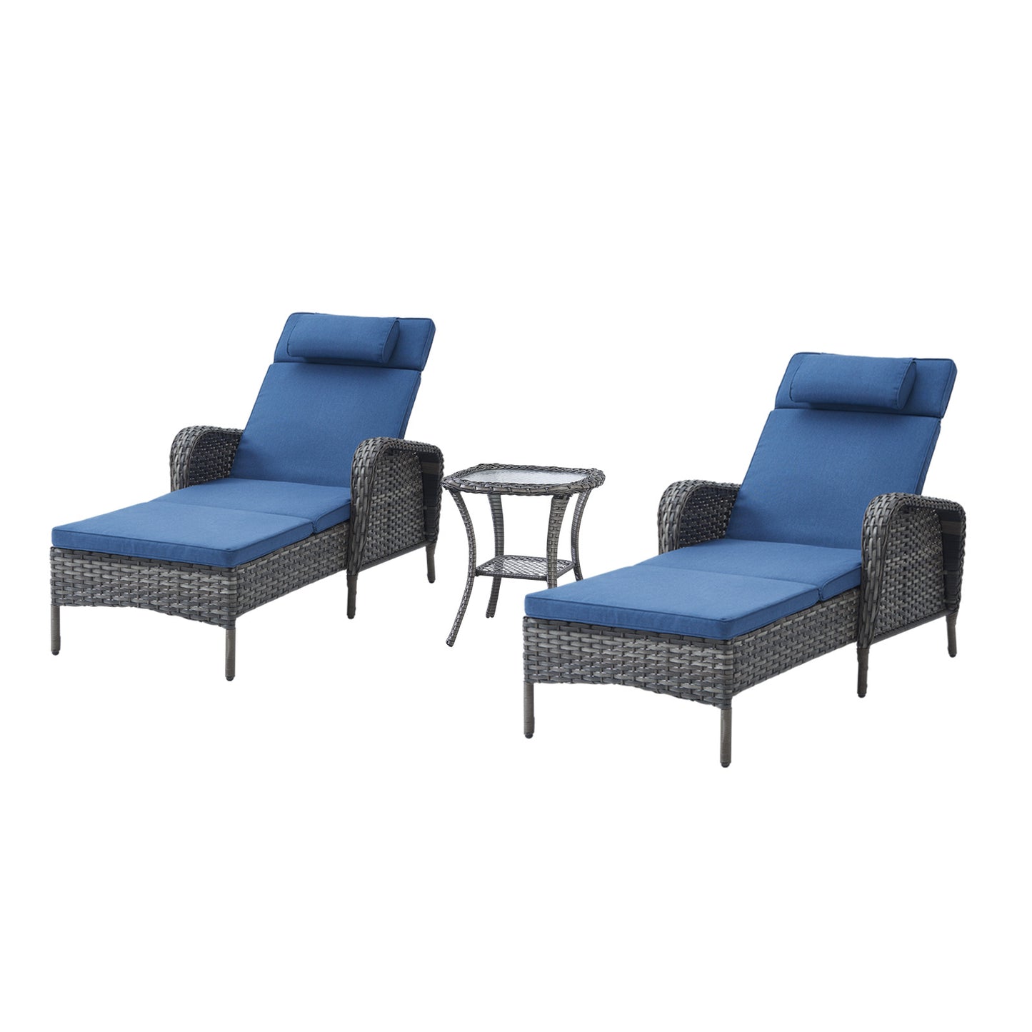 3-Piece Outdoor Wicker Lounge Set – 2 Adjustable 75" Chaise Lounges + Side Table, All-Weather Rattan, NTC Series