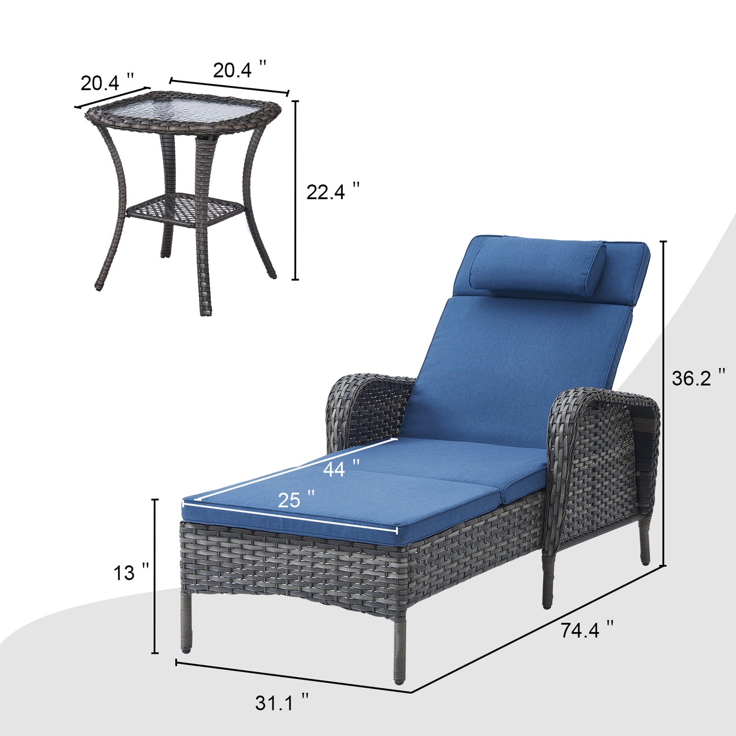 3-Piece Outdoor Wicker Lounge Set – 2 Adjustable 75" Chaise Lounges + Side Table, All-Weather Rattan, NTC Series