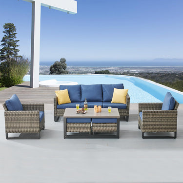 Patio Conversation Set 6-Piece with Sofa, Patio Chairs, Coffee Table, and Ottoman, GRS Series - Belord