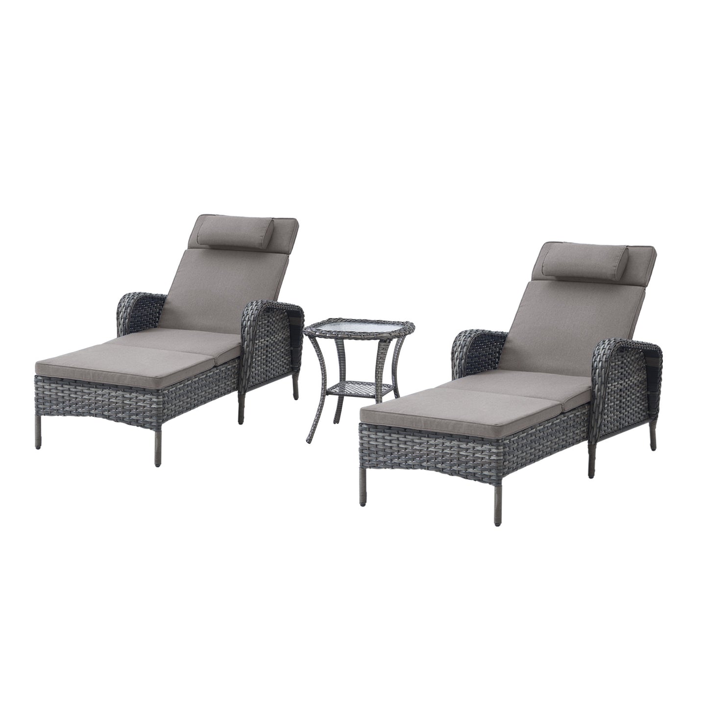3-Piece Outdoor Wicker Lounge Set – 2 Adjustable 75" Chaise Lounges + Side Table, All-Weather Rattan, NTC Series