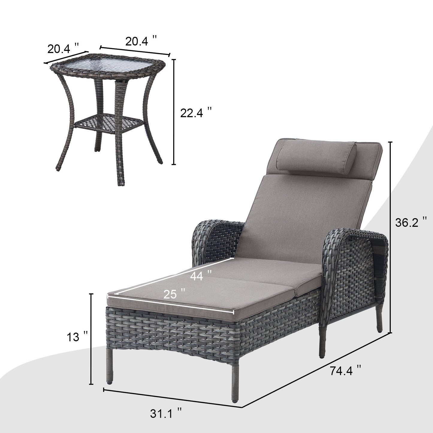 3-Piece Outdoor Wicker Lounge Set – 2 Adjustable 75" Chaise Lounges + Side Table, All-Weather Rattan, NTC Series