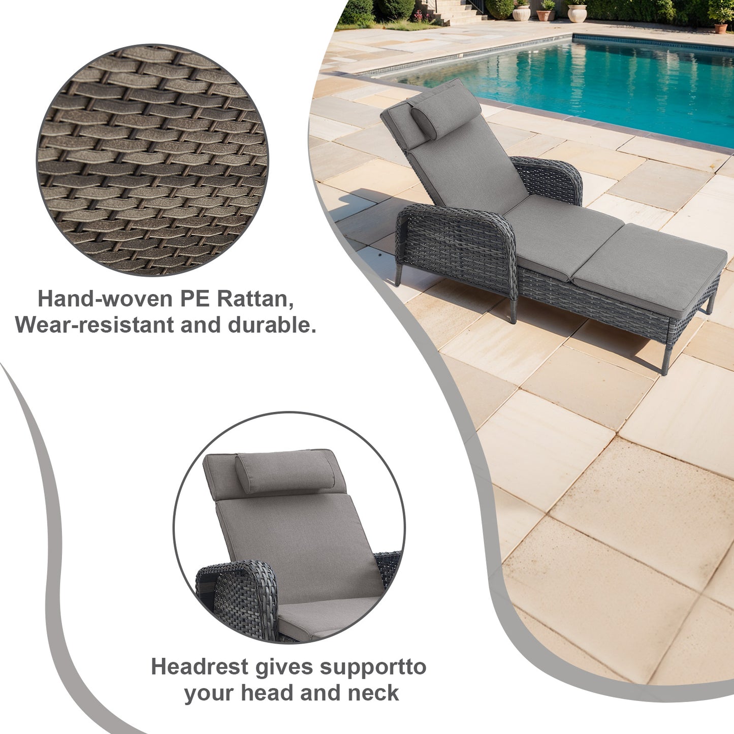 3-Piece Outdoor Wicker Lounge Set – 2 Adjustable 75" Chaise Lounges + Side Table, All-Weather Rattan, NTC Series