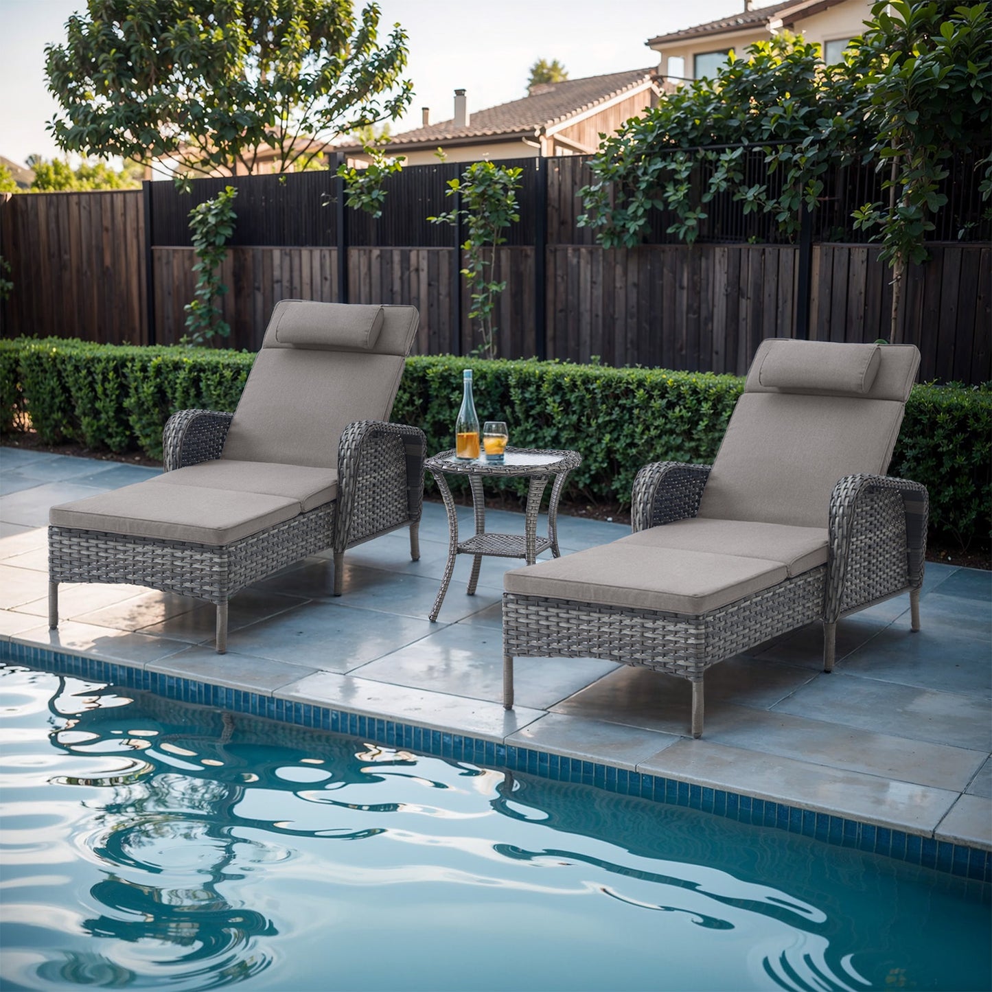 3-Piece Outdoor Wicker Lounge Set – 2 Adjustable 75" Chaise Lounges + Side Table, All-Weather Rattan, NTC Series