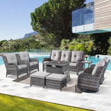 Patio Conversation Set 9-Piece with Fire Pit Table, Swivel Glider Chairs, Patio Chairs, Sofa, Side Table and Ottoman, NTC Series - Belord