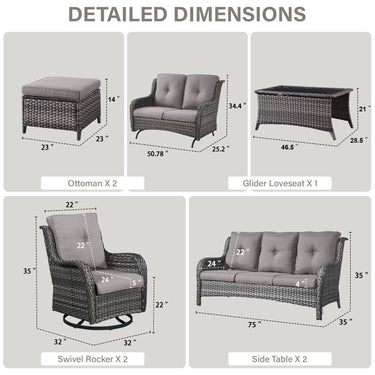 Patio Conversation Set 7-Piece with Sofa, Glider Loveseat, Swivel Glider Chairs, Ottoman and Coffee Table, NTC Series - Belord