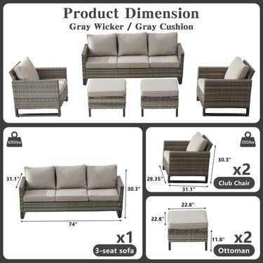 Patio Conversation Set 5-Piece with Sofa, Patio Chairs, and Ottoman, GRS Series - Belord