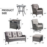 Patio Conversation Set 9-Piece with Fire Pit Table, Swivel Glider Chairs, Patio Chairs, Sofa, Side Table and Ottoman, NTC Series - Belord