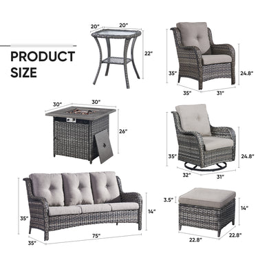 Patio Conversation Set 9-Piece with Fire Pit Table, Swivel Glider Chairs, Patio Chairs, Sofa, Side Table and Ottoman, NTC Series - Belord