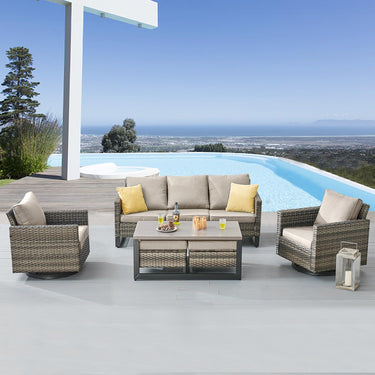 Patio Conversation Set 6-Piece with Sofa, Swivel Glider Chairs, Coffee Table, and Ottoman, GRS Series - Belord