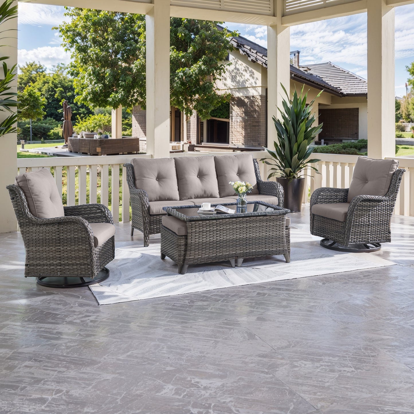 Patio Conversation Set 6-Piece with Sofa, 2-Swivel Glider Chairs, Coffee Table, and 2-Ottoman, NTC Series - B2B Wholesale