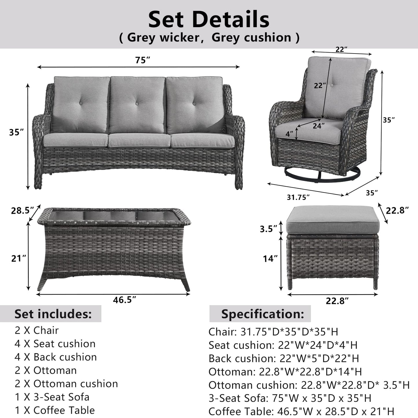Patio Conversation Set 6-Piece with Sofa, 2-Swivel Glider Chairs, Coffee Table, and 2-Ottoman, NTC Series - B2B Wholesale