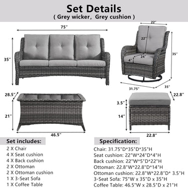 Patio Conversation Set 6-Piece with Sofa, Swivel Glider Chairs, Coffee Table, and Ottoman, NTC Series - Belord