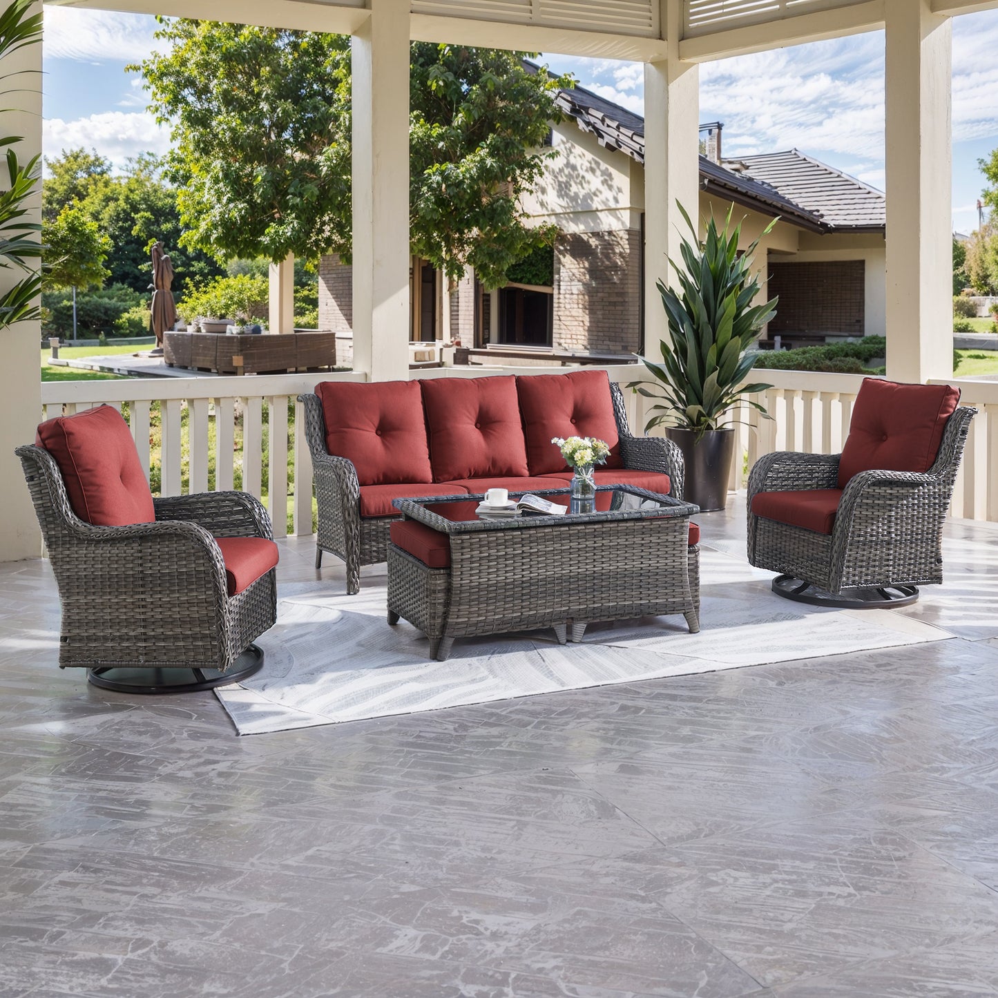 Patio Conversation Set 6-Piece with Sofa, 2-Swivel Glider Chairs, Coffee Table, and 2-Ottoman, NTC Series - B2B Wholesale