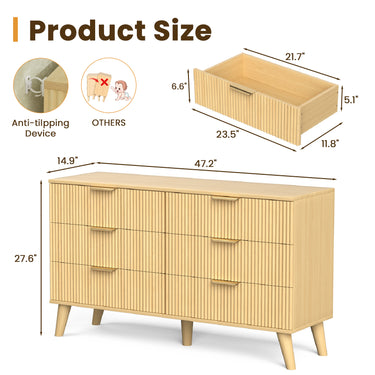 Natural wood dresser by Belord featuring 6 drawers with a fluted boho design, ideal for bedroom storage.