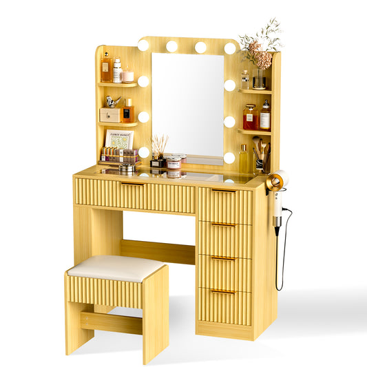 Save 50% - 37" Fluted Makeup Vanity Desk with LED Mirror, 5 Drawers & Glass Top, Vanity Table with Cabinet, Chair and Charging Station, 3 Light Modes for Bedroom