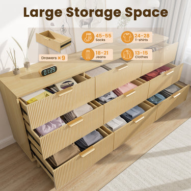Belord 63-inch modern boho dresser with nine light wood drawers and fluted detailing, ideal for bedroom storage.