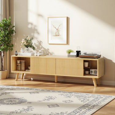 Belord 75-inch boho TV stand in natural finish with fluted doors and ample storage, showcasing its stylish media console design.