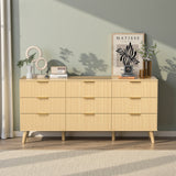 Belord 63-inch modern boho dresser with nine drawers, light wood finish, fluted detailing for bedroom storage and style.