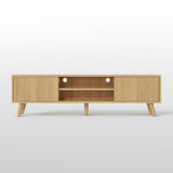 Natural 75-inch Boho TV stand by Belord with fluted doors and ample storage, featuring a stylish natural finish.
