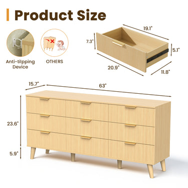Belord 63-inch modern boho dresser with nine drawers, light wood finish, fluted detailing, ideal bedroom storage.