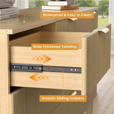 Belord 63-inch modern boho dresser with nine drawers, light wood finish, fluted detailing for bedroom storage.