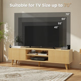 Belord 75-inch boho TV stand in natural wood with fluted doors and ample storage, ideal for modern living rooms.
