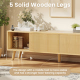 Belord 75-inch boho style TV stand in natural finish with fluted doors and ample storage space.