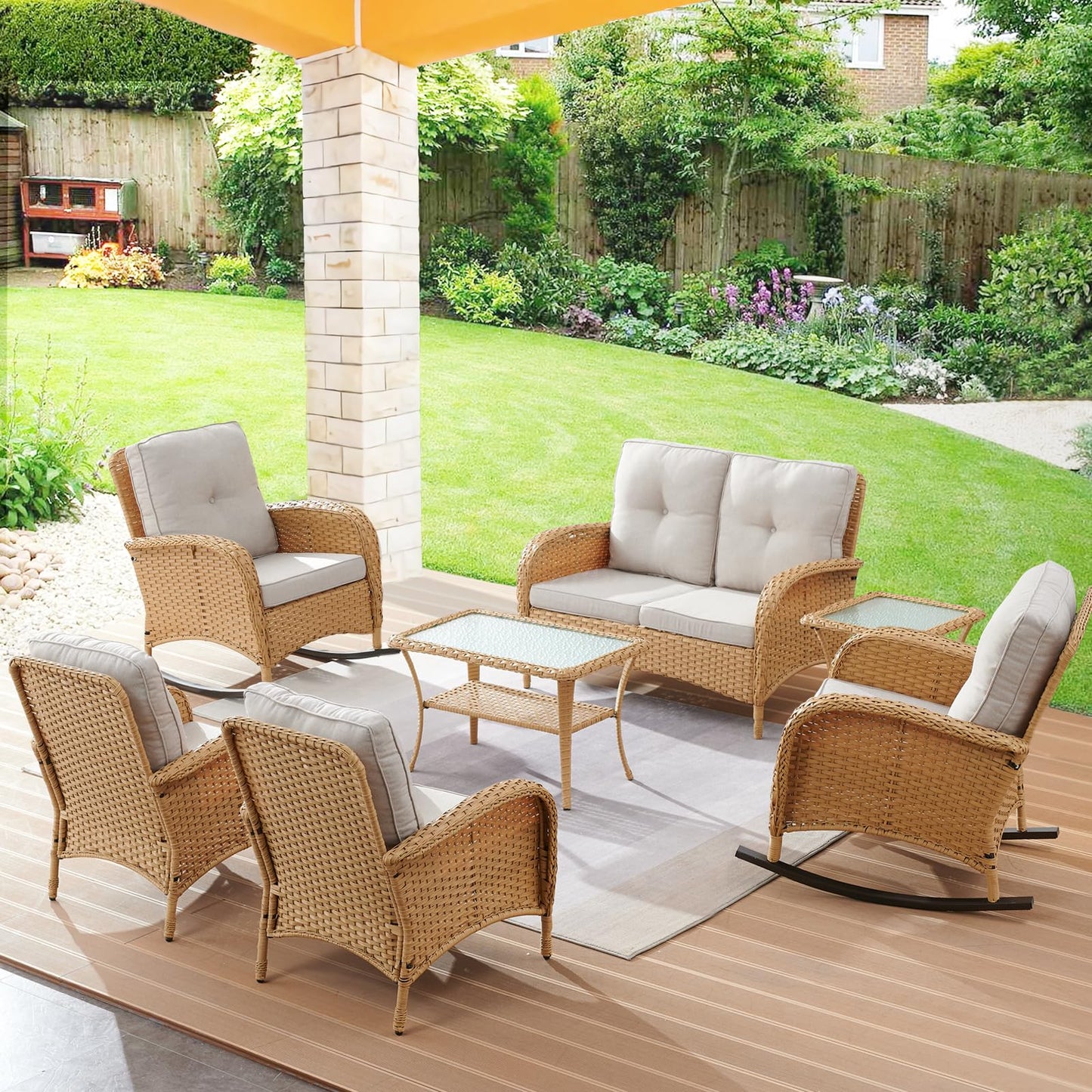 Patio Conversation Set 7-Piece with Loveseat, Rocking Chairs, Patio Chairs, Coffee Table, and Side Table, NDS Series
